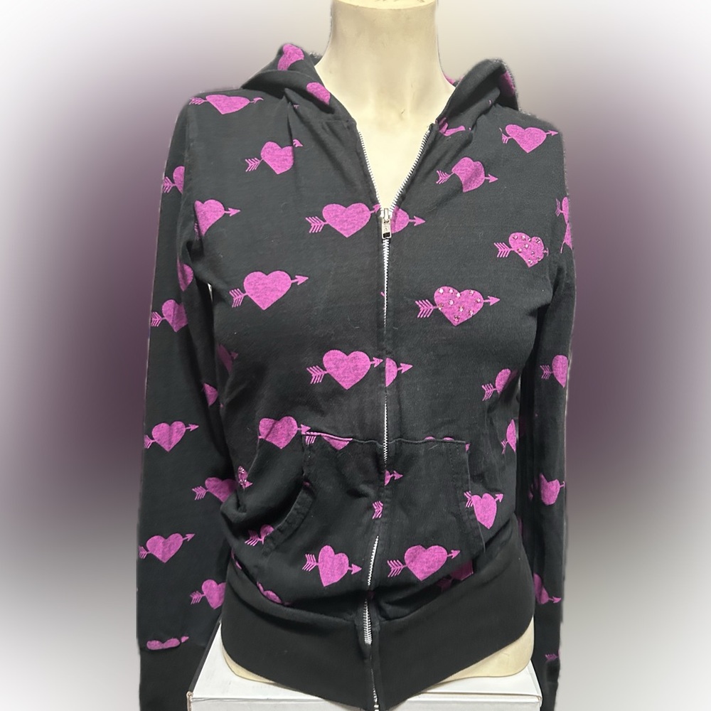 Black zip up sweater with hearts